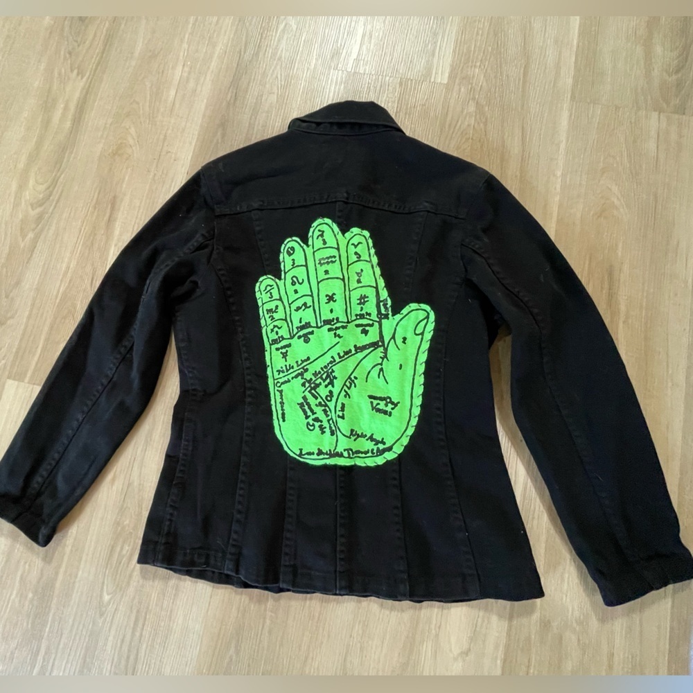 ETAM Unique Black Denim Jacket with Neon Palm Reading Patch on Back. - Picture 5 of 10